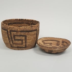 2 small antique Native American woven baskets incl Pima- 4 1/4"H 6 1/2" diameter largest (losses)