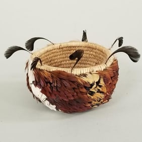 Native American Pomo feather basket w/ pheasant & quail feathers- round shape; 2 3/4"H 4 1/2"D