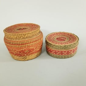 2 Alaskan sweet grass woven lidded baskets- 4 1/2"H 6" diameter larger
