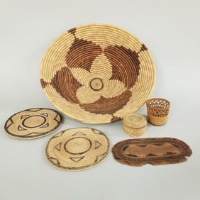Group assorted Native American, etc woven basket items incl small Nootka lidded basket- 5 3/4"H 16