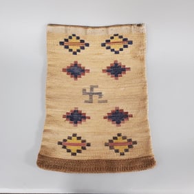 Vintage Native American corn husk bag w/ painted design: one side with whirling log central design-