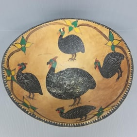 African Guinea decorated gourd bowl- 6 1/2"H, 13 1/2" diameter (as seen, shrinkage, cracks)