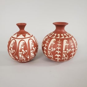 2 signed A. Tolino Southwest decorated vases- 5 1/2" x 5" largest