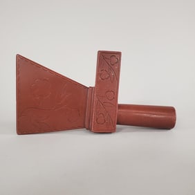 Antique catlinite pipe tomahawk head w/ engraved flower motif- 4" x 7 1/2"