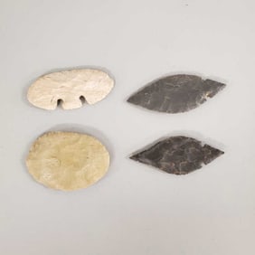 4 unusual Native American stone points/ scraper, etc- 4 1/2" largest