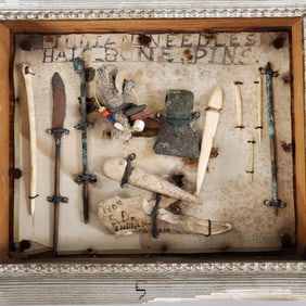 Native American artifacts in shadowbox: needles, hairpins, small axe head, etc from South Dakota?
