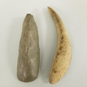 2 stone Native American implements incl one pick- 8 1/2"