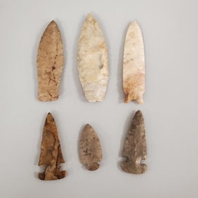 6 Native American stone points assorted shapes, sizes & ages- 5 1/2" longest