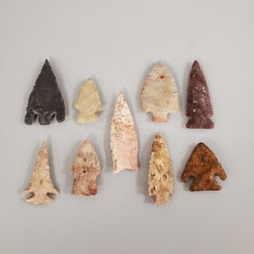 9 Native American stone points assorted shapes, sizes & ages- 3" longest