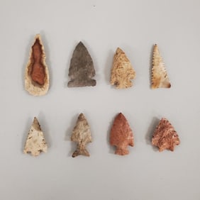 8 Native American stone points assorted shapes, sizes & ages- 3 1/4" longest