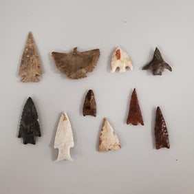 10 Native American stone points assorted shapes, sizes & ages- 3 1/4" longest