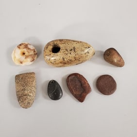 7 assorted Native American, etc stone items incl pendant, etc- 3 1/4" largest