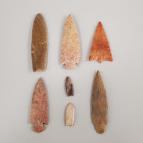 7 Native American stone points assorted shapes & sizes- 6 1/2" largest