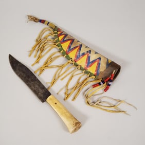 Native American parfleche sheath w/ bead work & a bone handled hand forged knife- 11" sheath