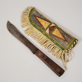 Native American parfleche decorated knife sheath w/ a knife- 9" sheath