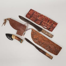 3 knives in Native American style leather sheathes - 13" sheath largest