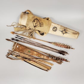 Parfleche decorated quiver w/ 2 arrows- 23"L quiver & a beaded leather quiver w/ metal tipped arrows