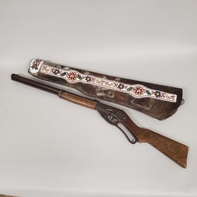 Antique leather long gun holster w/ added beaded belt & Red Ryder BB gun- 38"L holster, 36"L gun