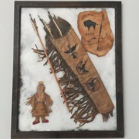 Framed Native American motif leather items incl decorated quiver w/ arrows, doll, etc- 30 1/4"H 24"W