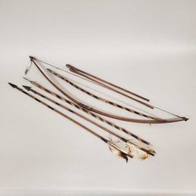 Group handmade wood archery items: 2 bows, 3 metal tipped arrows, etc- 32 3/4" longest
