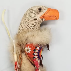 Native American carved & beaded dance stick, eagle motif- 35 1/2"L
