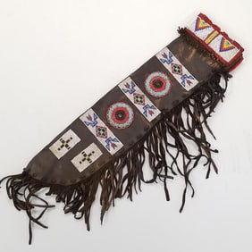 Large leather fringed sheath w/ applied beaded decoration- 23"L