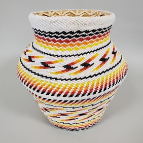 Contemporary Navajo beaded woven basket- 10"H 9 1/2" diameter