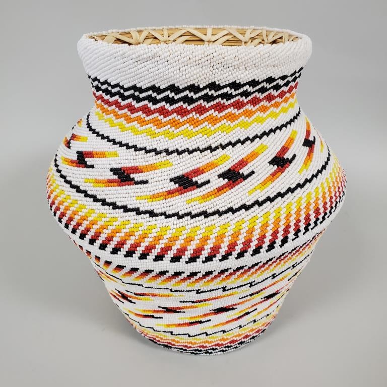 Contemporary Navajo beaded woven basket- 10"H 9 1/2" diameter (1 of 10)