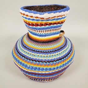 Contemporary Navajo beaded woven basket- 9 1/2"H 8" diameter