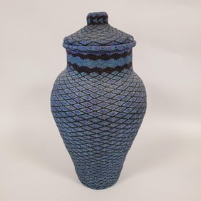 Large contemporary Navajo beaded woven basket w/ cover- 18 1/2"H 10" diameter