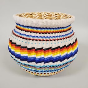 Contemporary Navajo beaded woven basket- 8 1/2"H 9" diameter