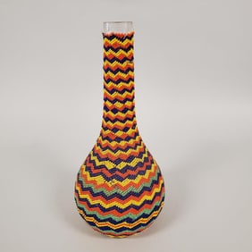Vintage Navajo beaded bottle w/ partial tag- 10 1/2"H 5" diameter (as seen, bead & leather loss)