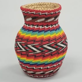 Contemporary Native American beaded woven basket 81/2"H 6 1/2" diameter