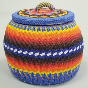 Modern Native American beaded woven lidded basket- 6"H 7" diameter