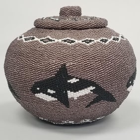 Contemporary beaded woven coil basket w/ lid: orca motif- 6"H 7" diameter