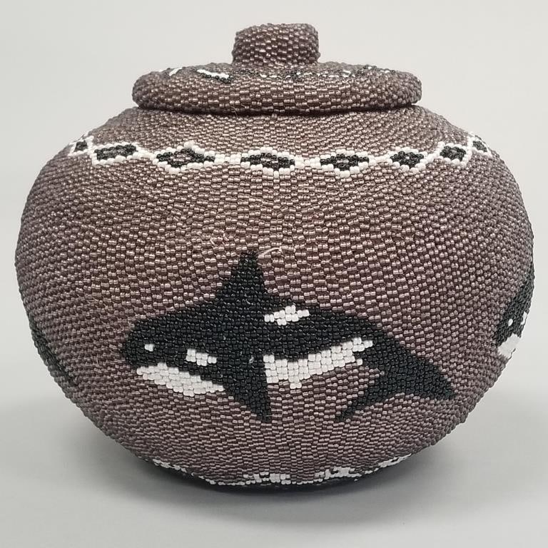 Contemporary beaded woven coil basket w/ lid: orca motif- 6"H 7" diameter (1 of 10)