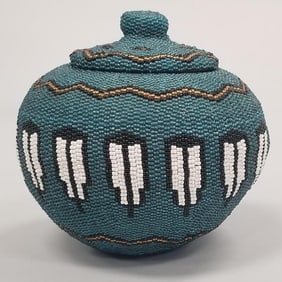 Contemporary beaded woven coil basket w/ lid: stylized feather motif- 5 3/4"H 6" diameter