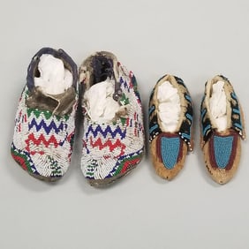 2 pair antique Native American beaded child's moccasins: larger 2 1/2"H 6"L 2 3/4"W (some bead,
