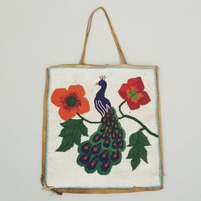 Vintage peacock motif beaded flat bag-14"H 12 1/2"W not incl handles (as seen- hole, bead loss)