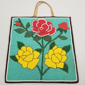 Large beaded floral motif flat bag- 16"H 15"W not incl handles