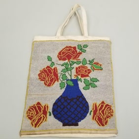Large Plateau style beaded flat bag- roses in vase motif , 17"H 14"W not incl handles