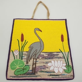Lg beaded crane & water lily motif flat bag- 16"H 14 3/4"W not incl handles