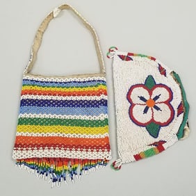 2 small vintage beaded bags/ purses: 12"H 6"W larger incl handle & fringe