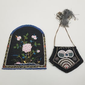 2 antique/ vintage beaded bags: flag motif purse & floral motif bag (as seen- no closure) larger