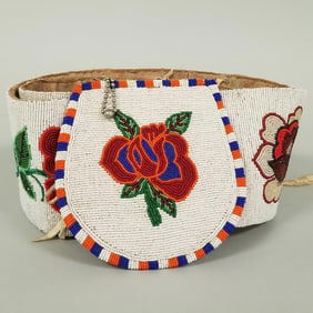 Large Native American beaded belt/ sash w/ small attached flat bag- 47"L, 4 1/2"W, the attached bag