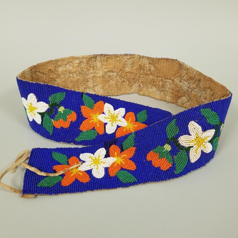Beaded floral belt/ sash w/ leather ties 39 1/4"L 3 1/4"W: Beaded floral belt/ sash w/ leather ties 39 1/4"L 3 1/4"W