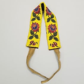 Sm beaded floral head band/ sash w/ leather ties & velvet back: 38"L, beadwork 22" x 2 1/4" overall