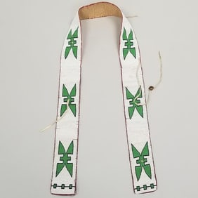 Native American beaded blanket strip w/ leather strip accents 55 1/2"L 3"W (as seen- lacking some