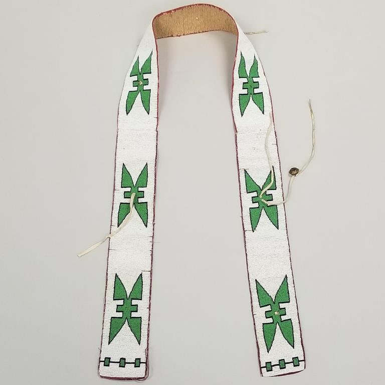 Native American beaded blanket strip w/ leather strip accents 55 1/2"L 3"W (as seen- lacking some (1 of 11)