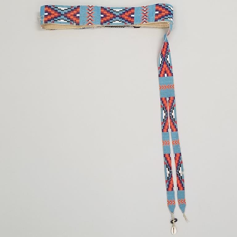 Native American beaded belt- overall length 34" 2 1/4"W with 22 1/2" beaded drop (as is- losses incl: Native American beaded belt- overall length 34" 2 1/4"W with 22 1/2" beaded drop (as is- losses incl beads & tail)